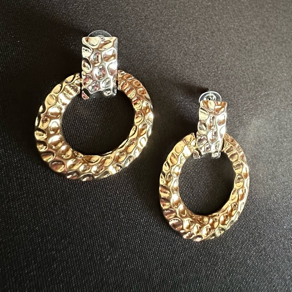 Silver and gold two-tone  hammered doorknocker earrings